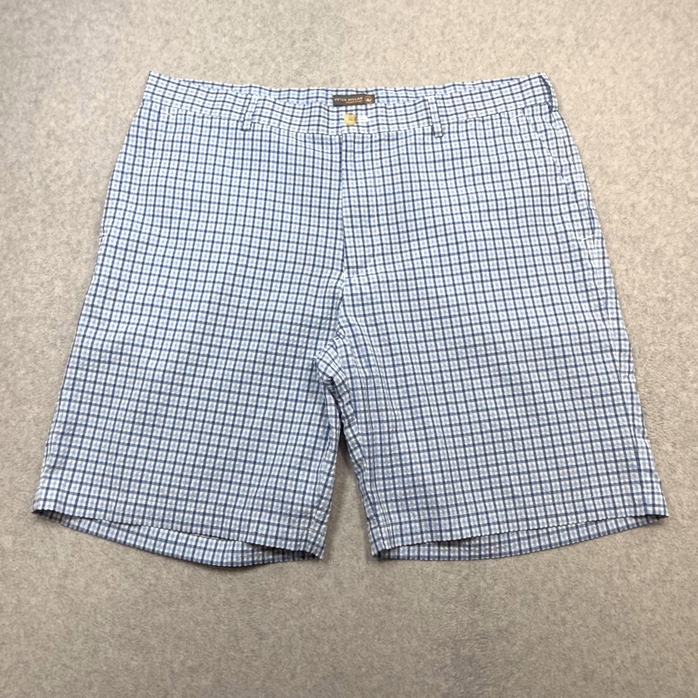 Peter Millar Crown Sport Apex Seersucker Shorts Men 38 Blue Check Golf Casual